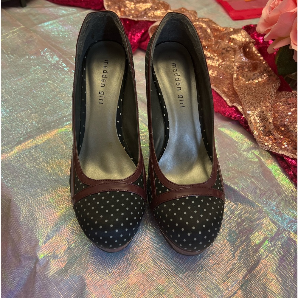 Madden Girl Alexsa Dark Red Blk/White Polka Dot Heel